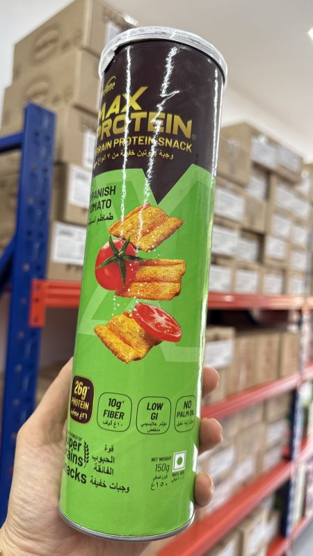 شيبس ماكس بنكهة الطماطم عالي البروتين فيه 26 غم بروتين غني بالألياف بدون زيت النخيل وزنه 150 غم