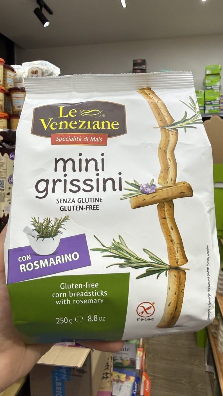 أصابع خبز صغيرة (Mini Grissini) بالروزماري من Le Veneziane خالية من الجلوتين وزنها 250 غرام