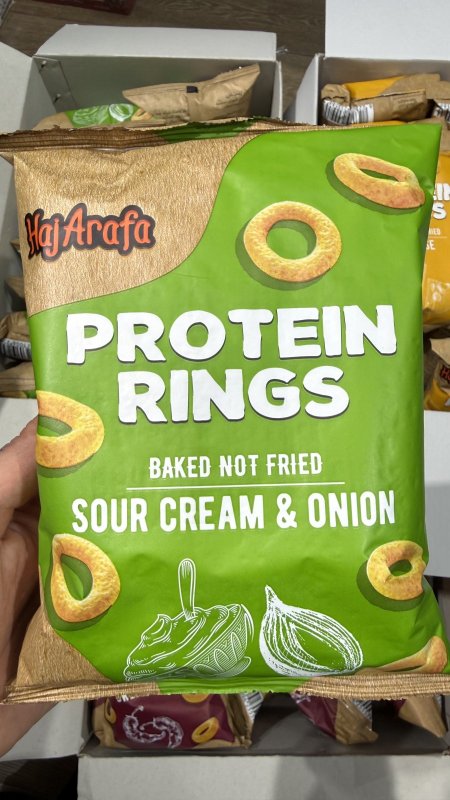 شيبس حلقات بروتين  (Protein Rings) بنكهة الكريمة الحامضة والبصل مخبوز بالفرن وزنه 60 غرام