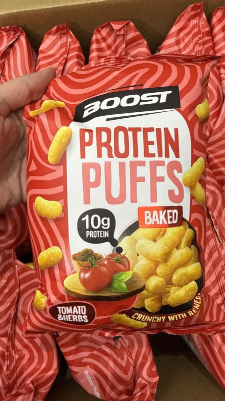 شيبس بمبا بروتين Boost Protein Puffs بنكهة البندورة والزعتر مخبوز بالفرن وزنه 60 غرام