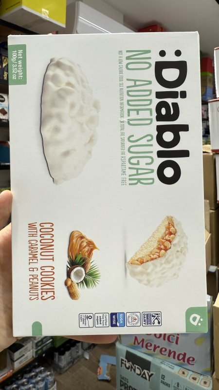 كوكيز ديابلو بالشوكولاته البيضاء والكراميل وجوز الهند والفول السوداني خالي من السكر وزنه 100 غرام